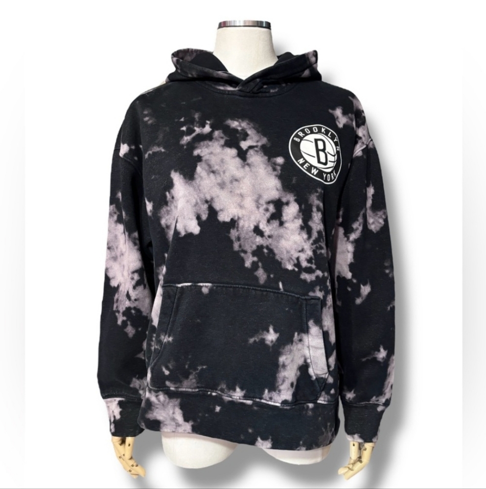 HOLLISTER Black & Grey Bleach Dyed Hoodie Brooklyn Nets